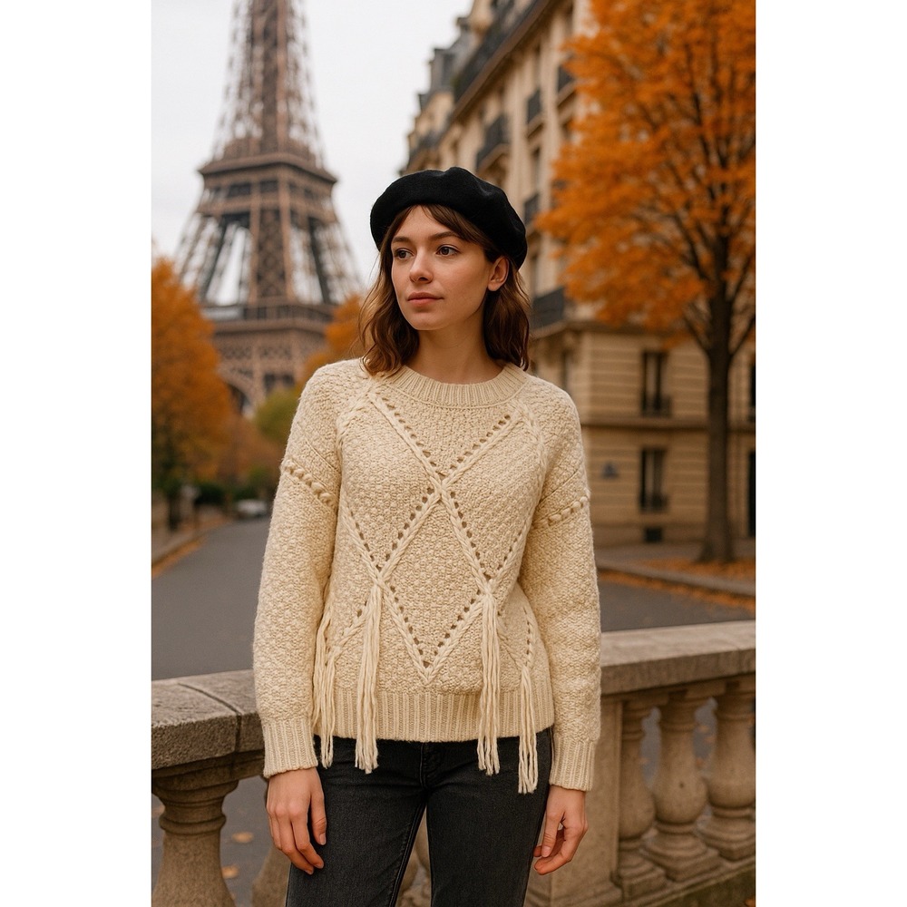Moon River Sweater Womens XS Cream Chunky Fringe Boho Cozy Fall‎ Scadic Hygge